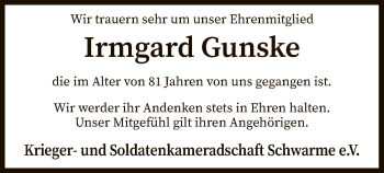 Traueranzeige von Irmgard Gunske von SYK