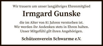 Traueranzeige von Irmgard Gunske von SYK