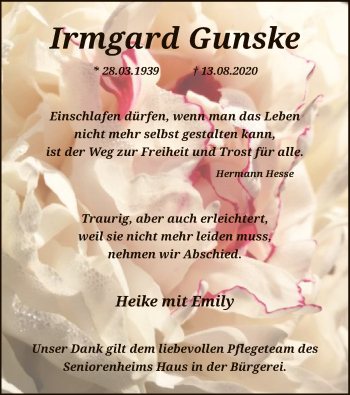 Traueranzeige von Irmgard Gunske von SYK