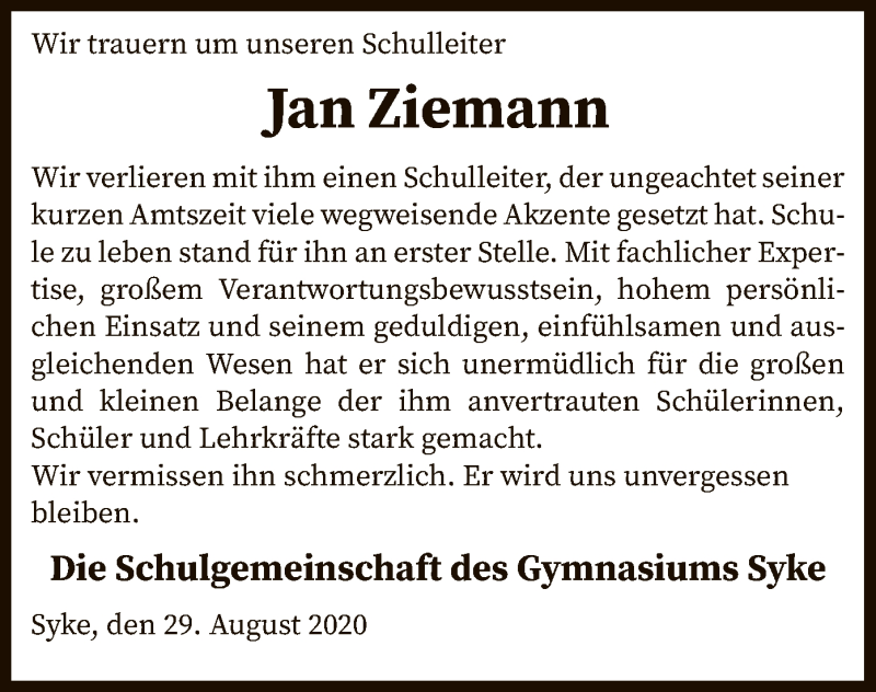  Traueranzeige für Jan Ziemann vom 29.08.2020 aus SYK