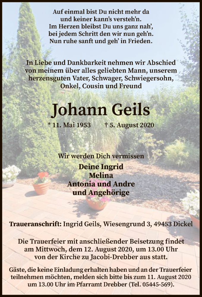  Traueranzeige für Johann Geils vom 08.08.2020 aus SYK