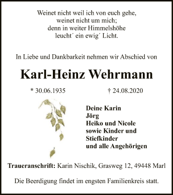 Traueranzeige von Karl-Heinz Wehrmann von SYK