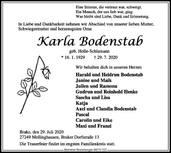 Traueranzeige von Karla Bodenstab von SYK