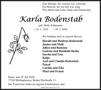 Traueranzeige von Karla Bodenstab von SYK