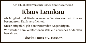 Traueranzeige von Klaus Lemkau von SYK