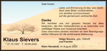 Traueranzeige von Klaus Sievers von SYK