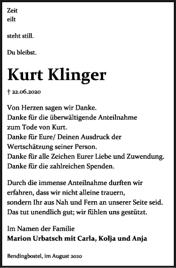 Traueranzeige von Kurt Klinger von SYK