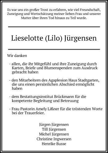Traueranzeige von Lieselotte Jürgensen von SYK