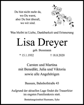 Traueranzeige von Lisa Dreyer von SYK