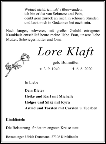 Traueranzeige von Lore Klaft von SYK