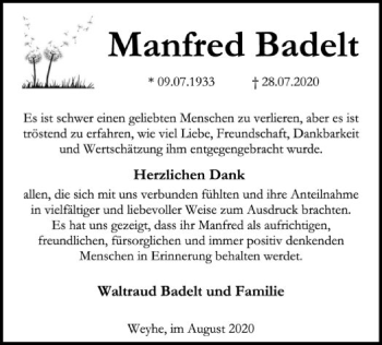 Traueranzeige von Manfred Badelt von SYK
