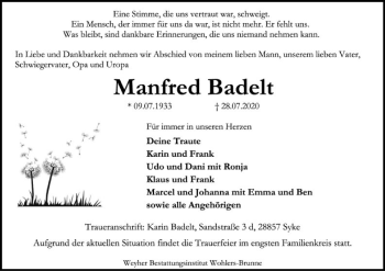 Traueranzeige von Manfred Badelt von SYK