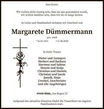 Traueranzeige von Margarete Dümmermann von SYK