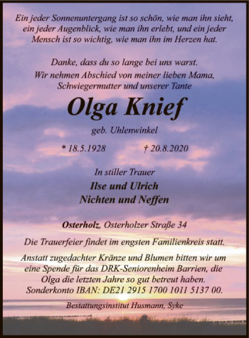 Traueranzeige von Olga Knief von SYK