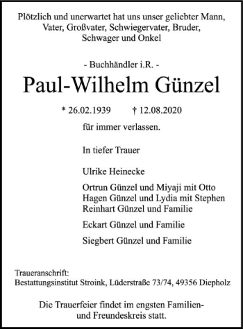 Traueranzeige von Paul-Wilhelm Günzel von SYK