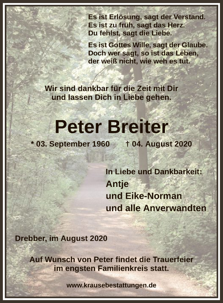  Traueranzeige für Peter Breiter vom 08.08.2020 aus SYK