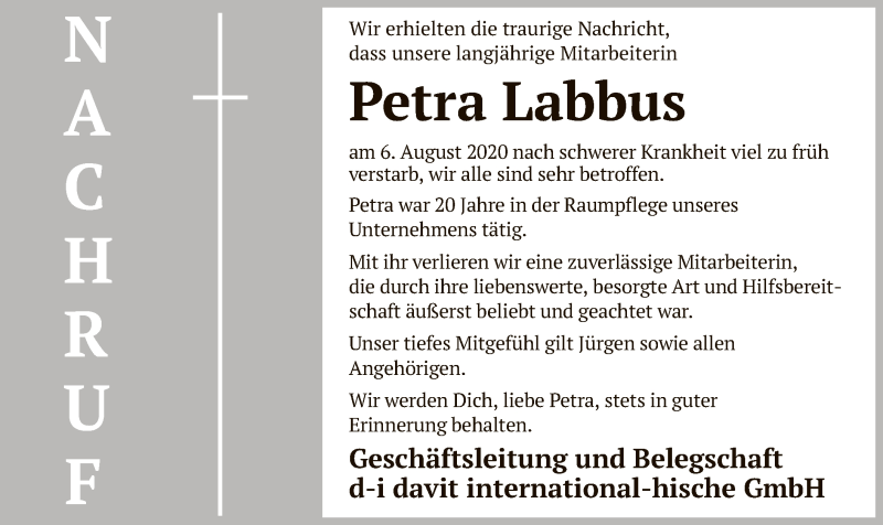  Traueranzeige für Petra Labbus vom 08.08.2020 aus SYK