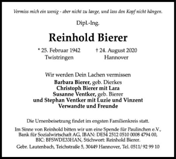 Traueranzeige von Reinhold Bierer von SYK