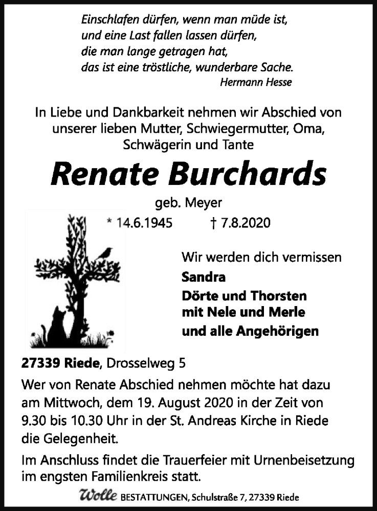  Traueranzeige für Renate Burchards vom 12.08.2020 aus SYK