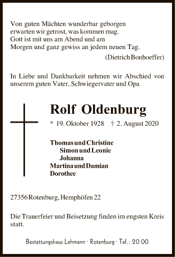 Traueranzeige von Rolf Oldenburg von SYK