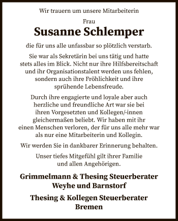 Traueranzeige von Susanne Schlemper von SYK