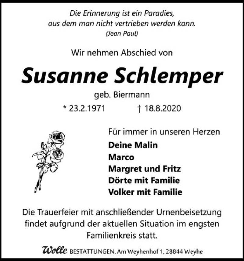  Traueranzeige für Susanne Schlemper vom 27.08.2020 aus SYK