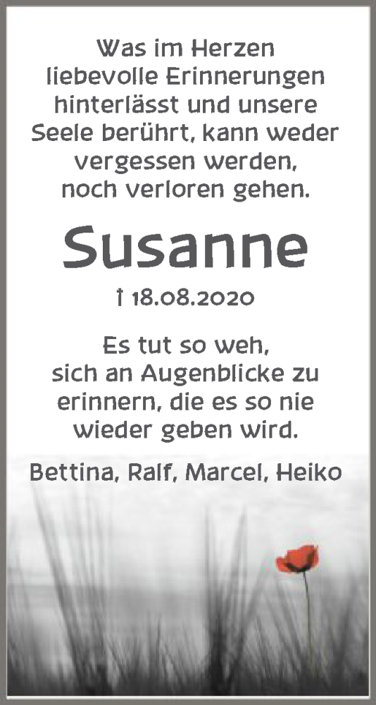  Traueranzeige für Susanne Schlemper vom 27.08.2020 aus SYK