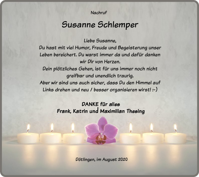  Traueranzeige für Susanne Schlemper vom 29.08.2020 aus SYK