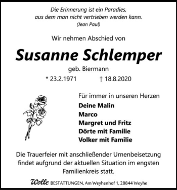 Traueranzeige von Susanne Schlemper von SYK