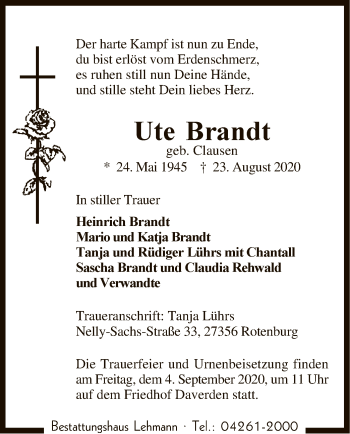 Traueranzeige von Ute Brandt von SYK