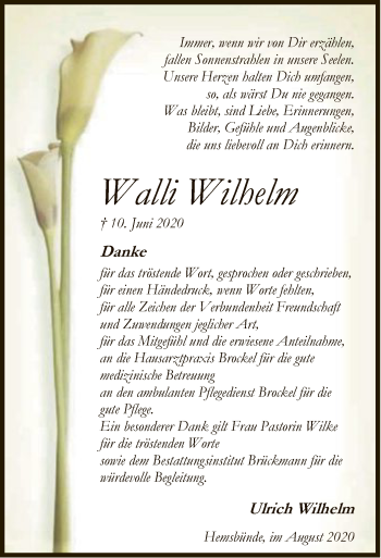 Traueranzeige von Walli Wilhelm von SYK