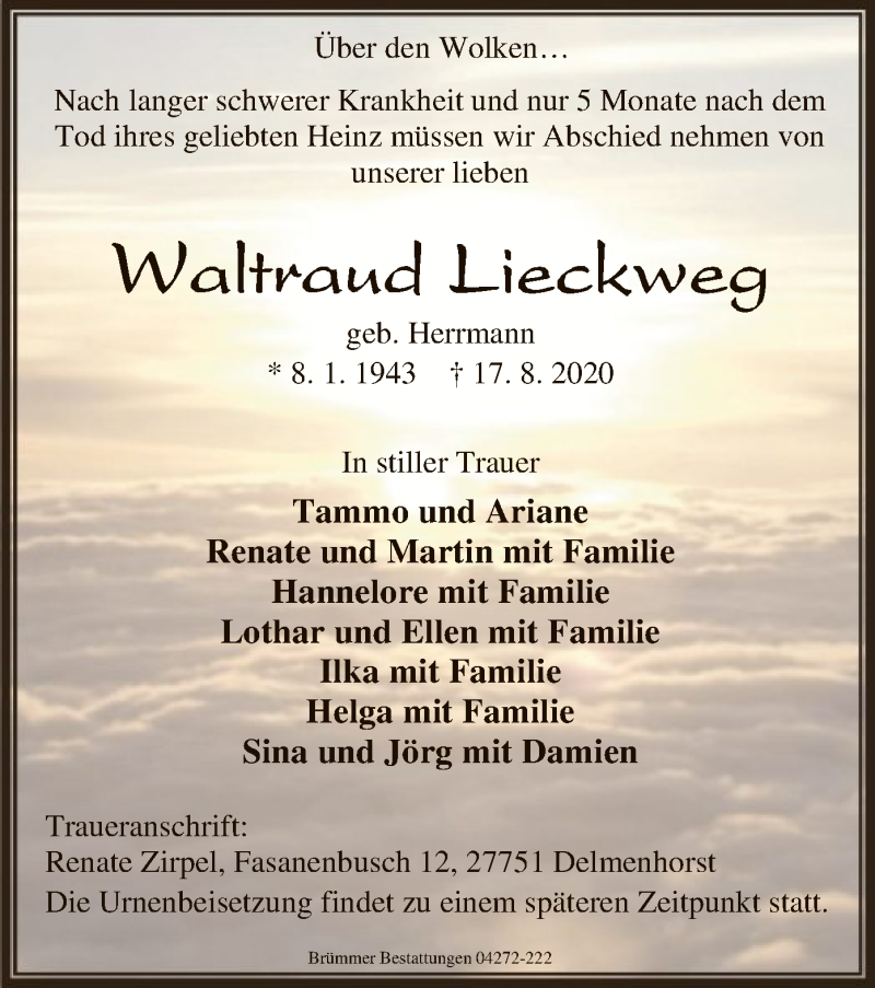  Traueranzeige für Waltraud Lieckweg vom 22.08.2020 aus SYK