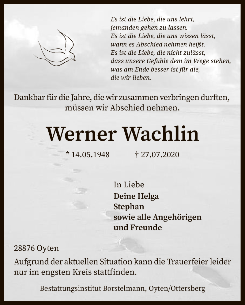  Traueranzeige für Werner Wachlin vom 01.08.2020 aus SYK