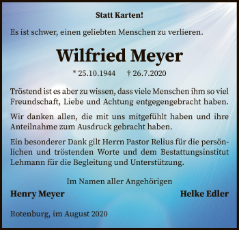 Traueranzeige von Wilfried Meyer von SYK