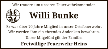 Traueranzeige von Willi Bunke von SYK