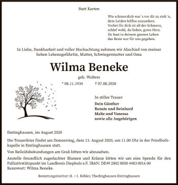 Traueranzeige von Wilma Beneke von SYK