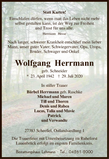 Traueranzeige von Wolfgang Herrmann von SYK