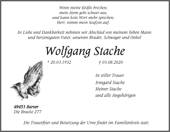 Traueranzeige von Wolfgang Stache von SYK