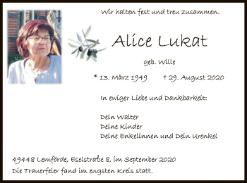 Traueranzeige von Alice Lukat von SYK