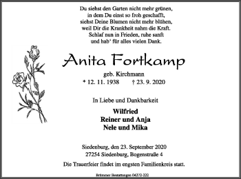 Traueranzeige von Anita Fortkamp von SYK