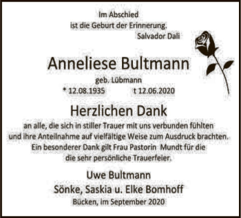 Traueranzeige von Anneliese Bultmann von SYK