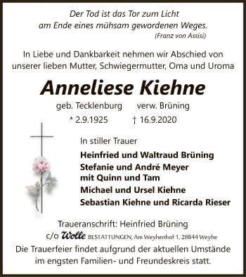 Traueranzeige von Anneliese Kiehne von SYK