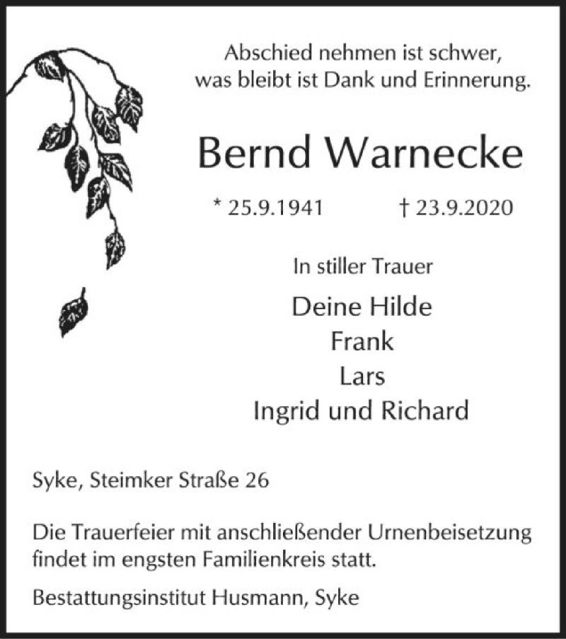  Traueranzeige für Bernd Warnecke vom 26.09.2020 aus SYK