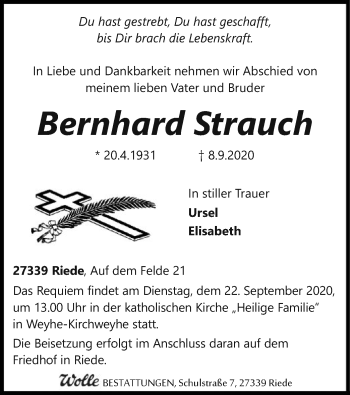 Traueranzeige von Bernhard Strauch von SYK