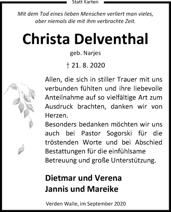 Traueranzeige von Christa Delventhal von SYK