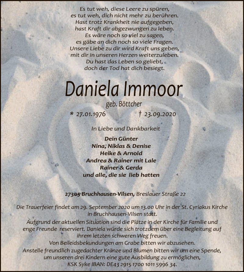  Traueranzeige für Daniela Immoor vom 29.09.2020 aus SYK