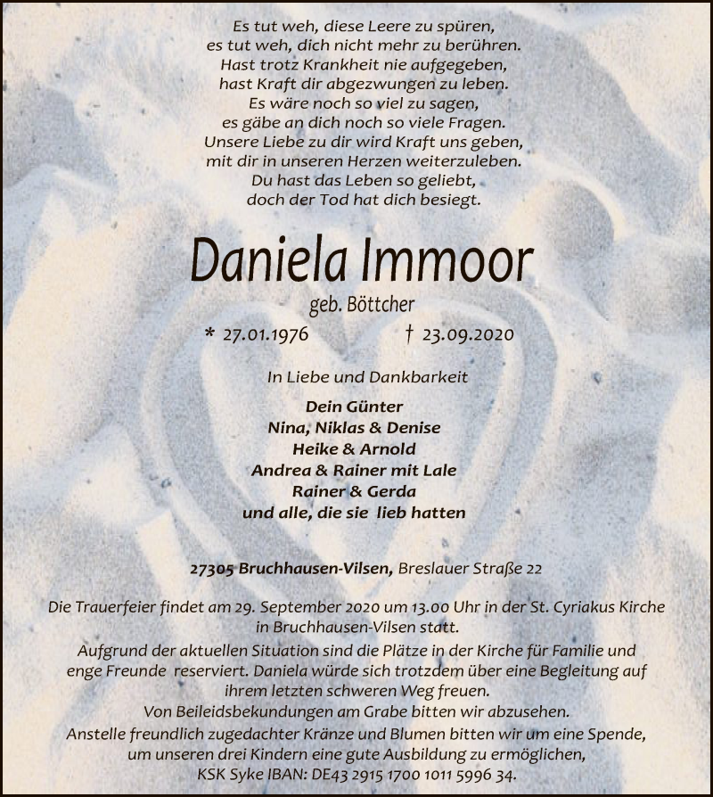  Traueranzeige für Daniela Immoor vom 26.09.2020 aus SYK