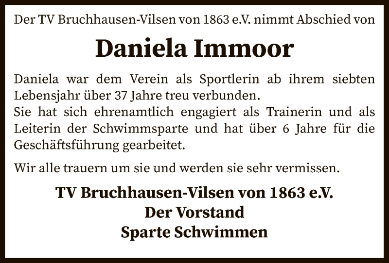  Traueranzeige für Daniela Immoor vom 26.09.2020 aus SYK