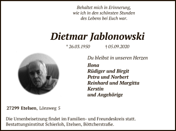 Traueranzeige von Dietmar Jablonowski von SYK