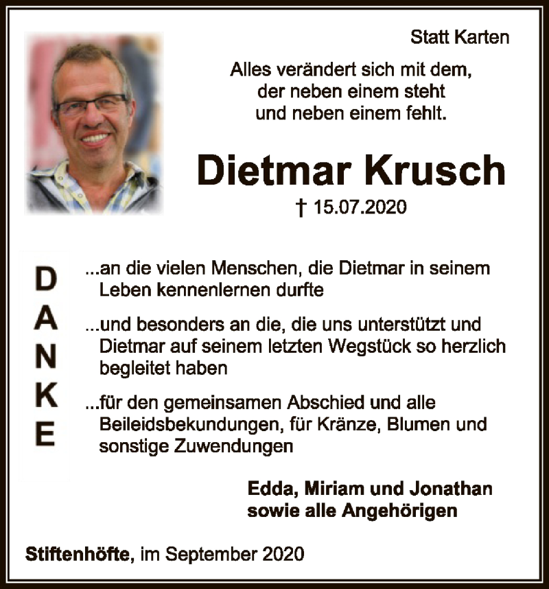  Traueranzeige für Dietmar Krusch vom 26.09.2020 aus SYK